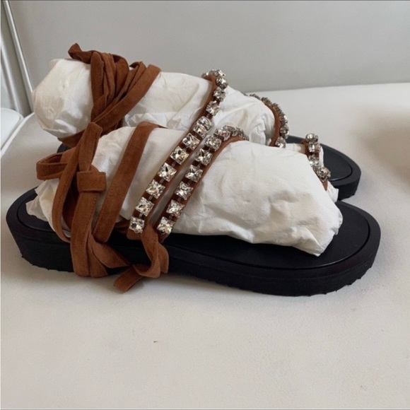 Giuseppe Zanotti Brown Suede Crystals Ankle Wrap Strap Suede Sandals 6 - Picture 4 of 9